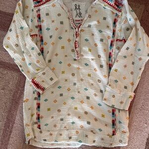 Johnny Was Ivory Tunic with Teal, Yellow, Red & Tan Embroidery XS